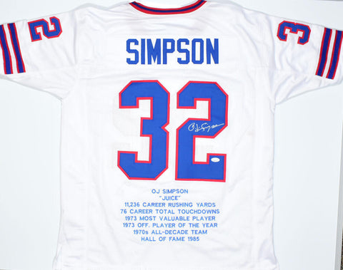 O.J. Simpson Autographed White Pro Style STAT Jersey- JSA W *Black
