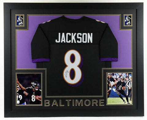 Lamar Jackson Signed Baltimore Ravens 35x43 Framed Jersey (JSA Holo) 2019 M.V.P.