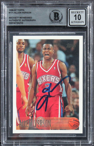 76ers Allen Iverson Signed 1996 Topps #171 Rookie Card Auto 10! BAS Slabbed