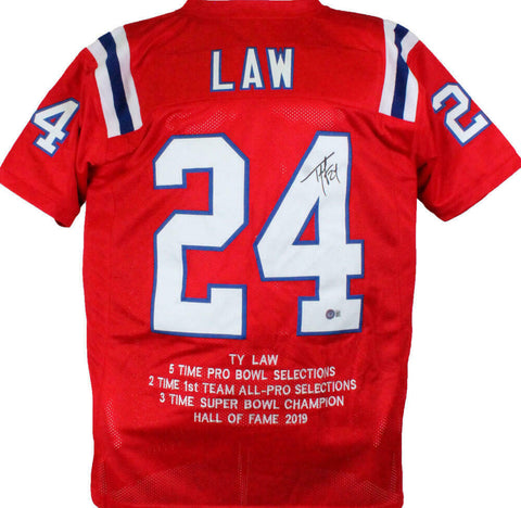Ty Law Autographed Red Pro Style STAT Jersey- Beckett W Hologram *Black