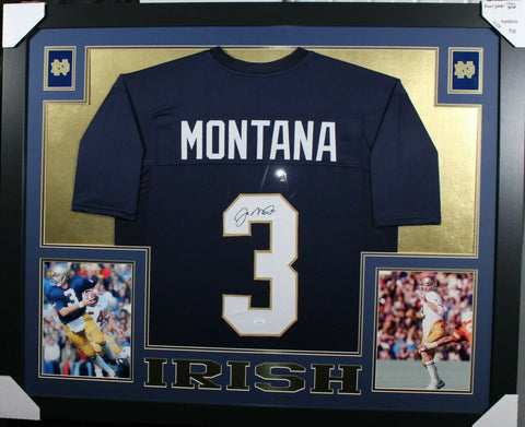 JOE MONTANA (Notre Dame Irish blue SKYLINE) Signed Autographed Framed Jersey JSA