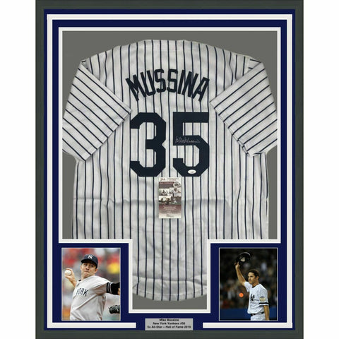 FRAMED Autographed/Signed MIKE MUSSINA 33x42 New York Pinstripe Jersey JSA COA