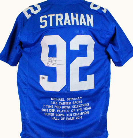 Michael Strahan Autographed Blue STAT Pro Style Jersey-Beckett W Hologram