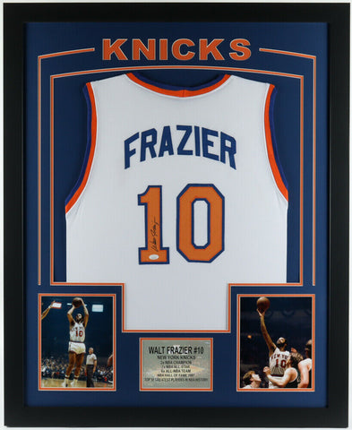 Walt Frazier Signed New York Knicks 35x43 Framed Jersey (JSA COA) 2xNBA Champion