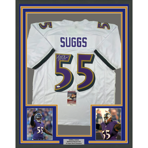 Framed Autographed/Signed Terrell Suggs 33x42 Baltimore White Jersey JSA COA