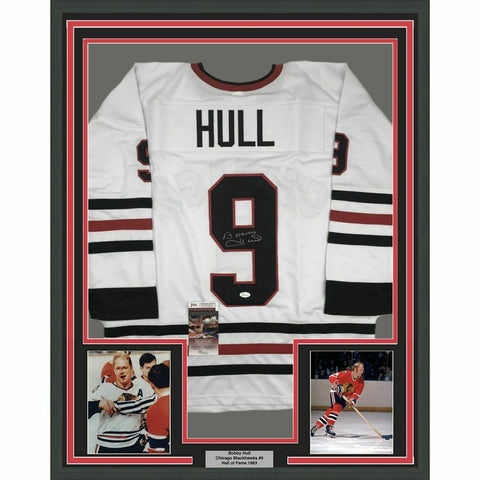 FRAMED Autographed/Signed BOBBY HULL 33x42 Chicago White Hockey Jersey JSA COA