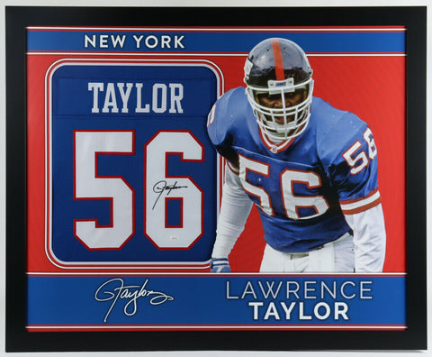 Lawrence Taylor Signed New York Giants 35x43 Framed Blue Jersey (JSA Hologram)