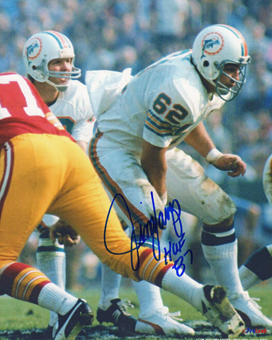 Jim Langer Signed Miami Dolphins Snapping Action 8x10 Photo w/HOF'87 - (SS COA)
