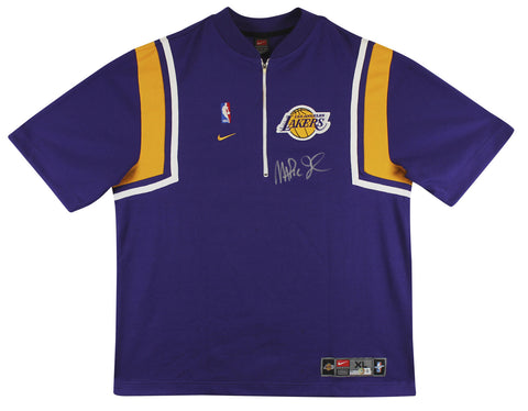 Lakers Magic Johnson Signed Purple Nike Warmup Shirt BAS Witnessed #W205613