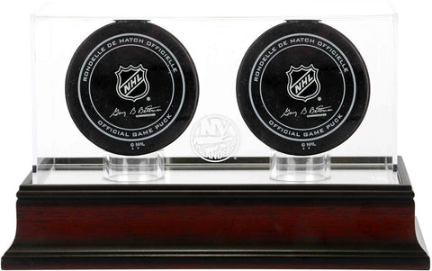 New York Islanders Mahogany Two Hockey Puck Logo Display Case