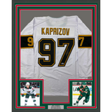 Framed Autographed/Signed Kirill Kaprizov 33x42 White/Gold Jersey BAS COA