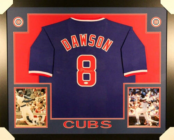 Andre Dawson Signed Chicago Cubs 35x43 Custom Framed Blue Home Jersey (JSA COA)