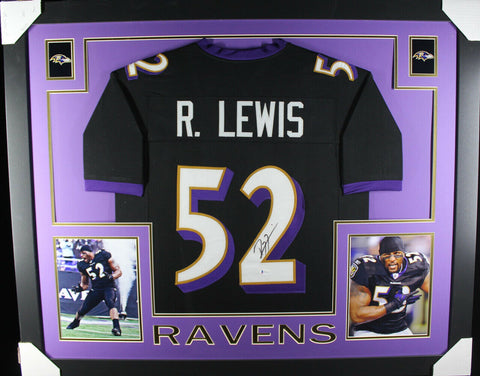 Ray Lewis Autographed/Signed Pro Style Framed Black XL Jersey Beckett 36198
