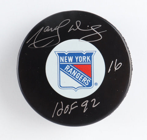 Marcel Dionne Signed New York Rangers Logo Hockey Puck Inscribed "HOF 92" (COJO)