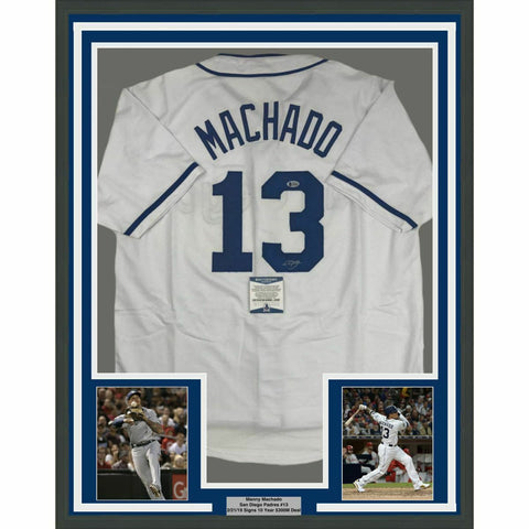 FRAMED Autographed/Signed MANNY MACHADO 33x42 San Diego White Jersey Beckett COA
