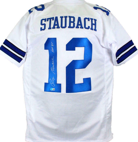 Roger Staubach Autographed White Pro Style Jersey w/HOF- Beckett W Hologram