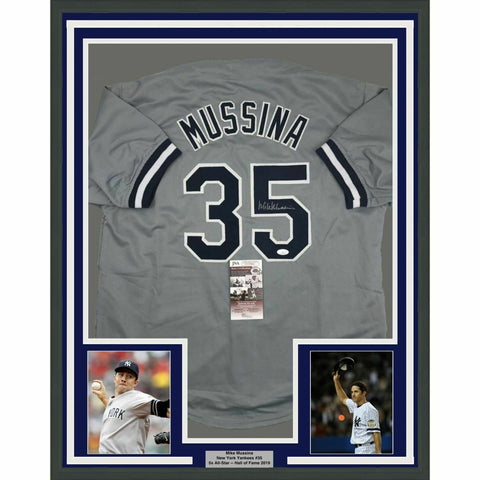FRAMED Autographed/Signed MIKE MUSSINA 33x42 New York Grey Jersey JSA COA Auto