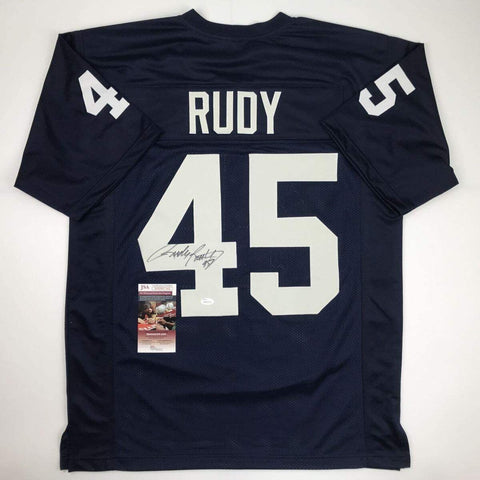 Autographed/Signed Rudy Ruettiger Notre Dame Blue Rudy College Jersey JSA COA