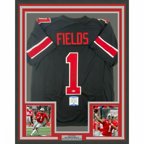 FRAMED Autographed/Signed JUSTIN FIELDS 33x42 Ohio State Black Jersey BAS COA