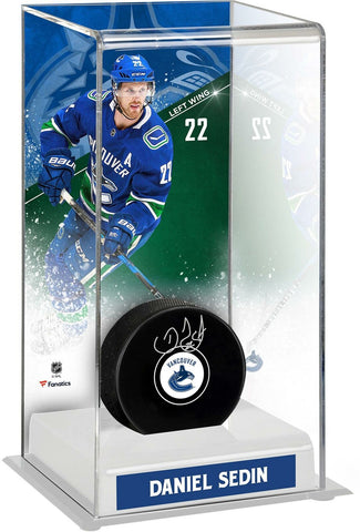 Daniel Sedin Vancouver Canucks Signed Puck with Deluxe Tall Hockey Puck Case