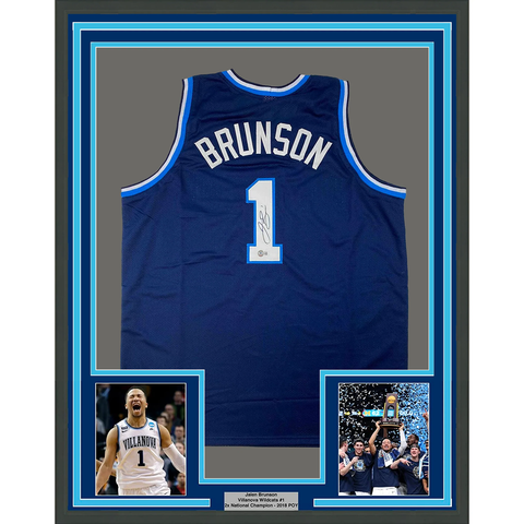 Framed Autographed/Signed Jalen Brunson 33x42 Villanova Blue Jersey BAS COA