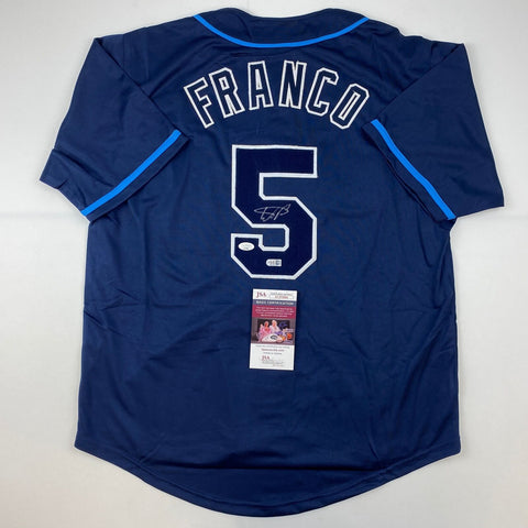 Autographed/Signed Wander Franco Tampa Bay Dark Blue Baseball Jersey JSA COA