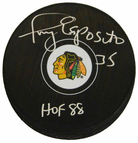 TONY ESPOSITO Signed Chicago Blackhawks Logo Hockey Puck w/HOF 88 - SCHWARTZ