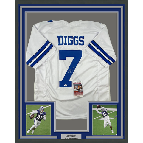 Framed Autographed/Signed Trevon Diggs 33x42 Dallas White Jersey JSA COA