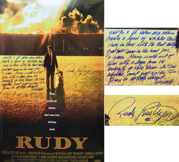 RUDY RUETTIGER Signed 'Rudy' 24x36 Movie Poster w/FULL Movie Quote - SCHWARTZ