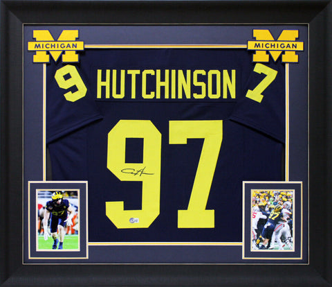 Michigan Aidan Hutchinson Signed Navy Blue Pro Style Framed Jersey BAS Witnessed