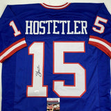 Autographed/Signed JEFF HOSTETLER New York Blue Football Jersey JSA COA Auto