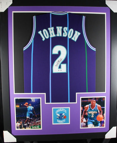 LARRY JOHNSON (Hornets purple TOWER) Signed Autographed Framed Jersey PSA