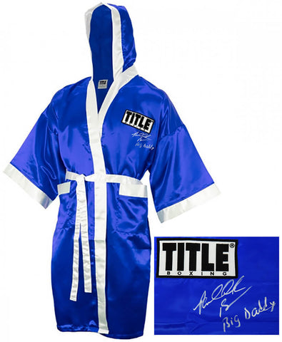 Riddick Bowe Signed Title Blue Boxing Robe w/Big Daddy - (SCHWARTZ SPORTS COA)