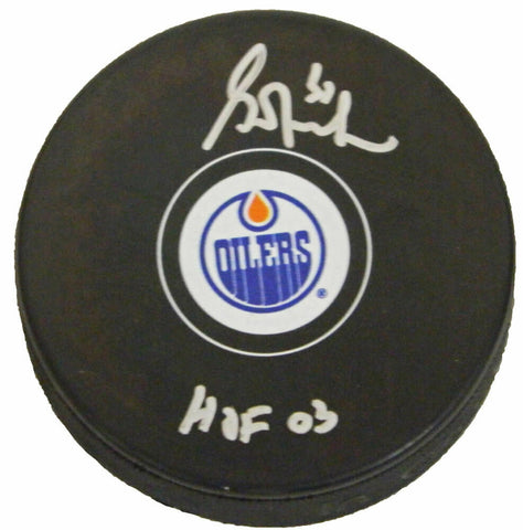 GRANT FUHR Signed Edmonton Oilers Logo Hockey Puck w/HOF 03 - SCHWARTZ