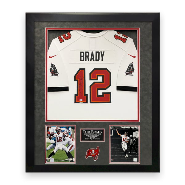 Tom Brady Signed Autographed White Buccaneers Jersey Framed to 32x40 Fanatics