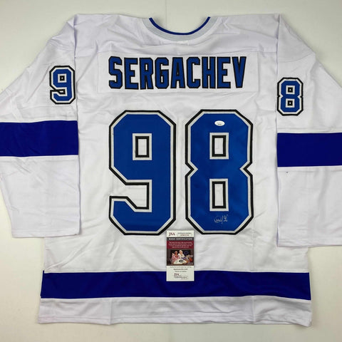Autographed/Signed Mikhail Sergachev Tampa Bay White Hockey Jersey JSA COA