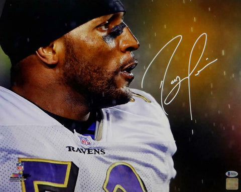 Ray Lewis Signed Ravens 16x20 PF Close Up In Rain Photo - Beckett Auth *White