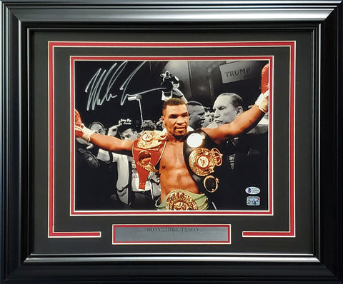 MIKE TYSON AUTOGRAPHED FRAMED 11X14 PHOTO WITH BELTS BECKETT BAS STOCK #200326