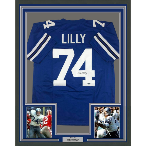 Framed Autographed/Signed Bob Lilly 33x42 Retro Blue Jersey Tristar Holo Only