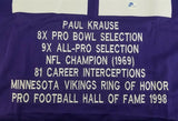 Paul Krause Signed Minnesota Vikings Career Hilite Stat Jersey (Pro Player COA)