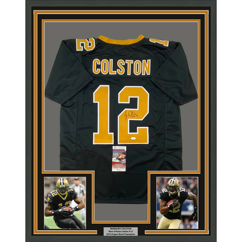 Framed Autographed/Signed Marques Colston 33x42 New Orleans Black Jersey JSA COA