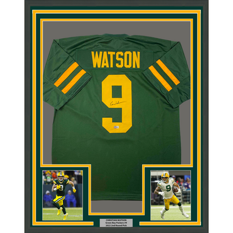 Framed Autographed/Signed Christian Watson 33x42 Color Rush Green Jersey BAS COA