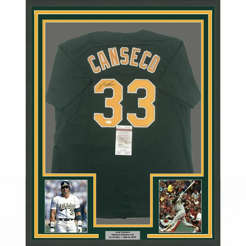FRAMED Autographed/Signed JOSE CANSECO 33x42 Oakland Dark Green Jersey JSA COA