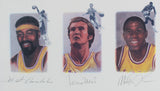 Lakers Legends (5) Chamberlain, Jabbar, Johnson Signed & Framed 22x39 Litho BAS