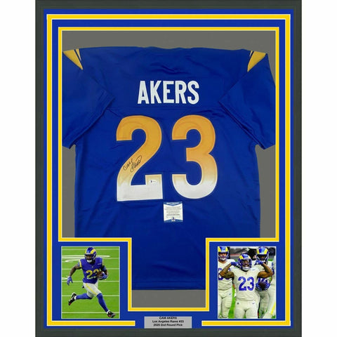 FRAMED Autographed/Signed CAM AKERS 33x42 Los Angeles Blue Jersey Beckett COA