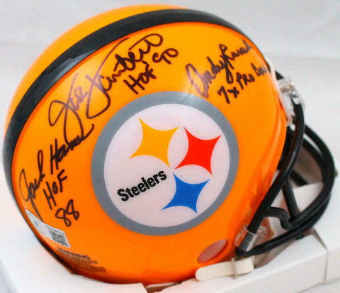 Ham / Lambert / Russell Autographed Steelers Yellow Mini Helmet-Beckett W Holo