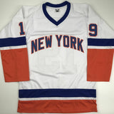 Autographed/Signed BRYAN TROTTIER HOF 97 New York White Hockey Jersey JSA COA