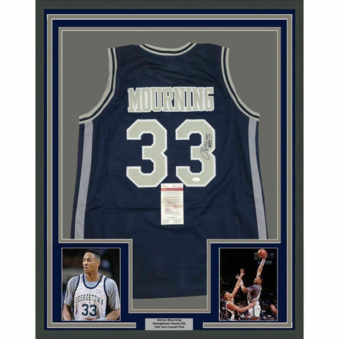 FRAMED Autographed/Signed ALONZO MOURNING 33x42 Georgetown Blue Jersey JSA COA