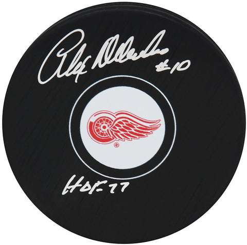 Alex Delvecchio Signed Red Wings Team Logo Hockey Puck w/HOF'77 - (SCHWARTZ COA)