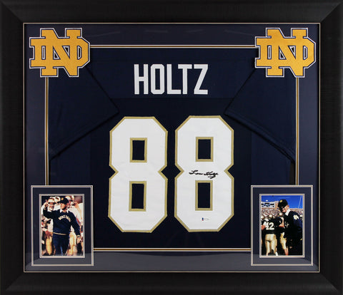 Notre Dame Lou Holtz Signed Navy Blue Pro Style Framed Jersey BAS Witnessed